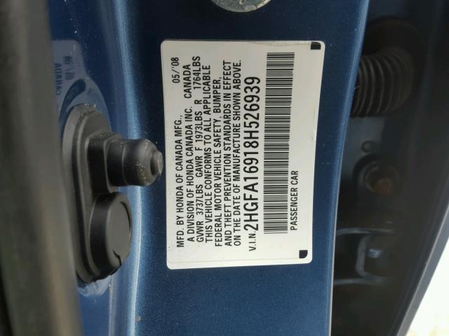 2HGFA16918H526939 - 2008 HONDA CIVIC EXL BLUE photo 10