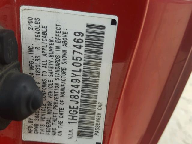1HGEJ8249YL057469 - 2000 HONDA CIVIC EX წითელი ფოტო 10