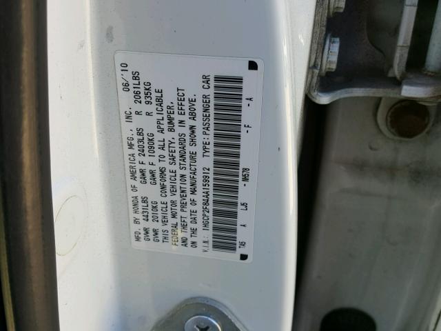 1HGCP2F84AA159912 - 2010 HONDA ACCORD EXL WHITE photo 10
