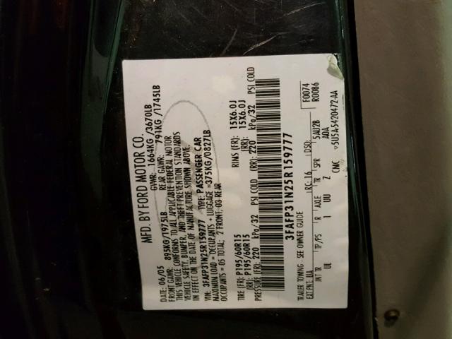 3FAFP31N25R159777 - 2005 FORD FOCUS ZX3 BLACK photo 10