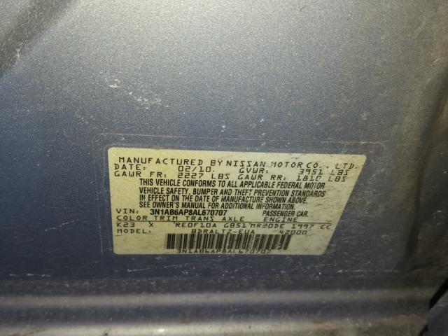 3N1AB6AP8AL670707 - 2010 NISSAN SENTRA 2.0 SILVER photo 10