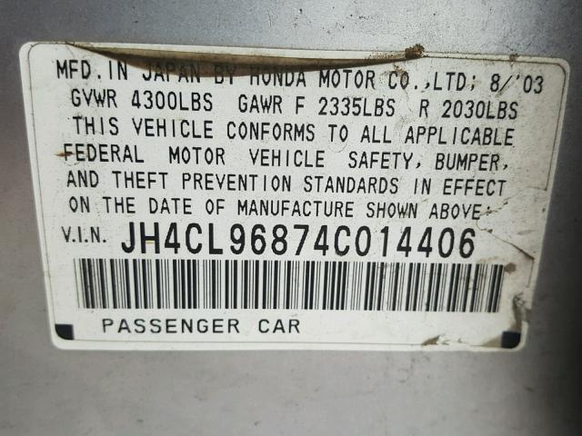 JH4CL96874C014406 - 2004 ACURA TSX SILVER photo 10