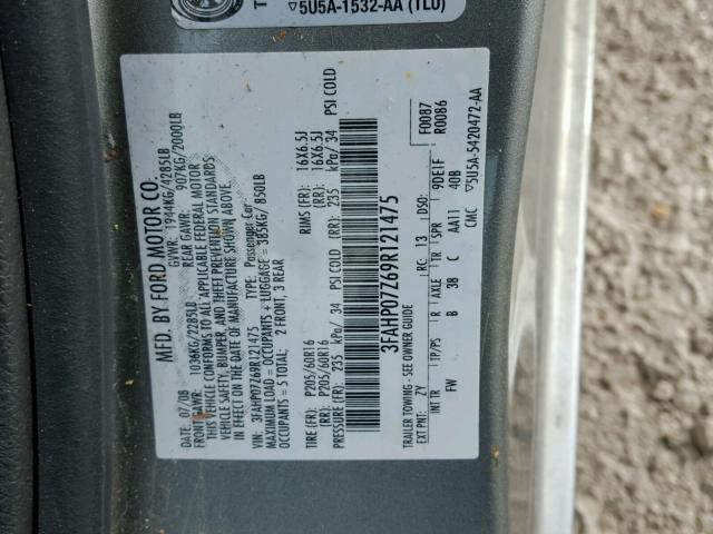 3FAHP07Z69R121475 - 2009 FORD FUSION SE GRAY photo 10