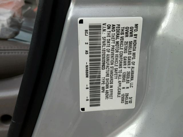 5FNRL18992B009923 - 2002 HONDA ODYSSEY EX SILVER photo 10