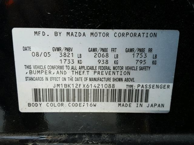 JM1BK12FX61421088 - 2006 MAZDA 3 I BLACK photo 10