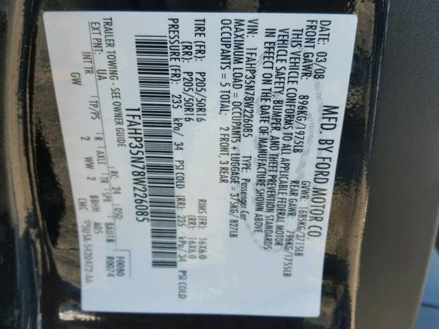 1FAHP35N78W226085 - 2008 FORD FOCUS SE BLACK photo 10