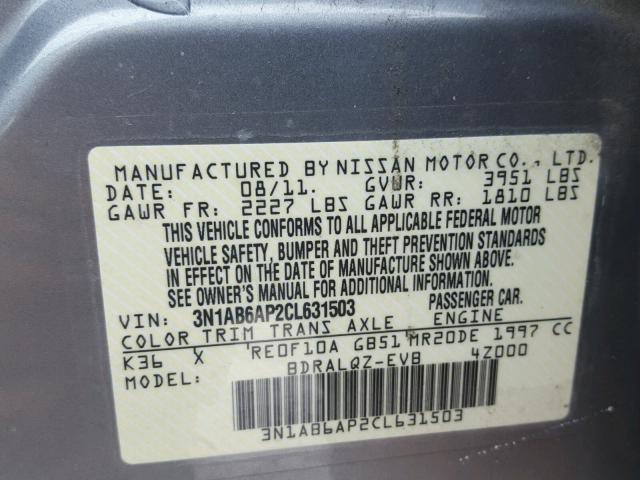 3N1AB6AP2CL631503 - 2012 NISSAN SENTRA 2.0 GRAY photo 10