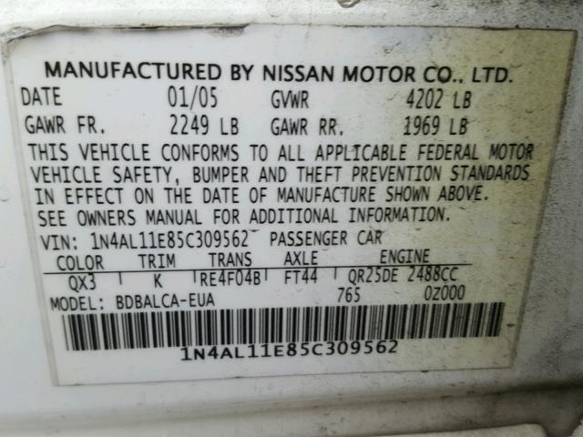 1N4AL11E85C309562 - 2005 NISSAN ALTIMA S WHITE photo 10