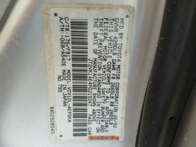 JT2VK14E4P0219347 - 1993 TOYOTA CAMRY SE SILVER photo 10