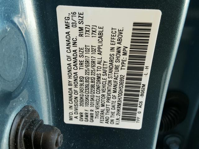 2HKRM3H70GH536992 - 2016 HONDA CR-V EXL BLUE photo 10