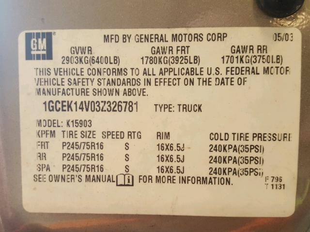 1GCEK14V03Z326781 - 2003 CHEVROLET SILVERADO SILVER photo 10