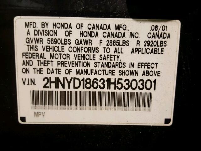 2HNYD18631H530301 - 2001 ACURA MDX TOURIN BLACK photo 10