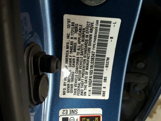 1HGFA16518L038347 - 2008 HONDA CIVIC LX BLUE photo 10