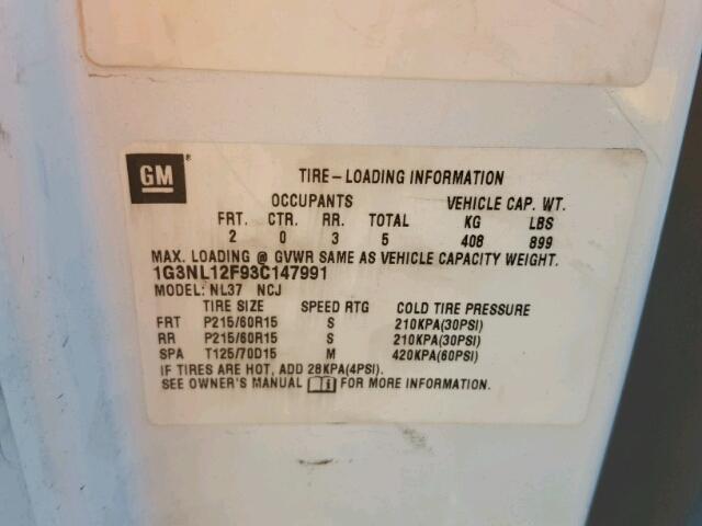 1G3NL12F93C147991 - 2003 OLDSMOBILE ALERO GL WHITE photo 10