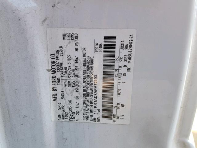 1FTKR1AD7APA72103 - 2010 FORD RANGER WHITE photo 10