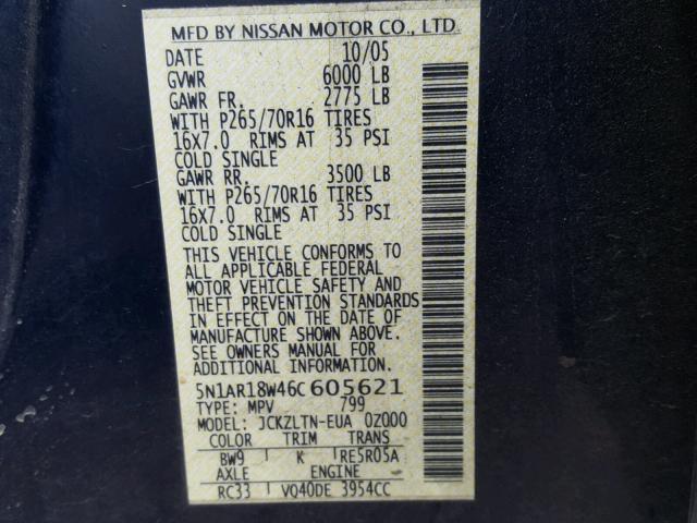 5N1AR18W46C605621 - 2006 NISSAN PATHFINDER BLUE photo 10