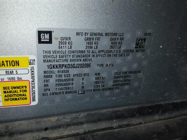 1GKKRPKD3GJ202086 - 2016 GMC ACADIA SLE SILVER photo 10