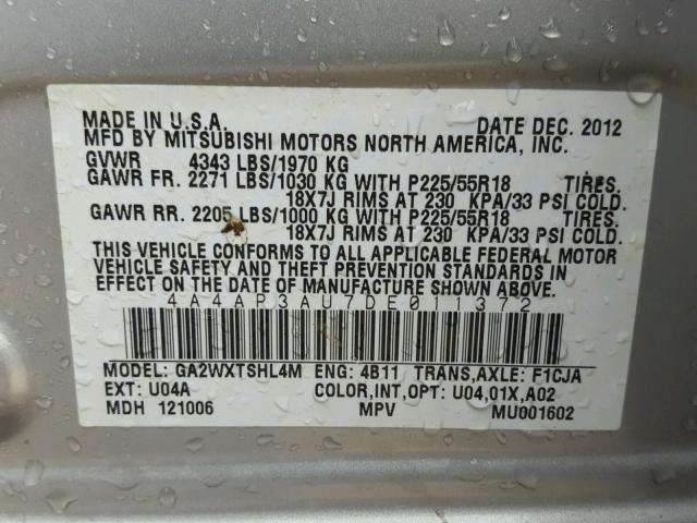 4A4AP3AU7DE011372 - 2013 MITSUBISHI OUTLANDER SILVER photo 10