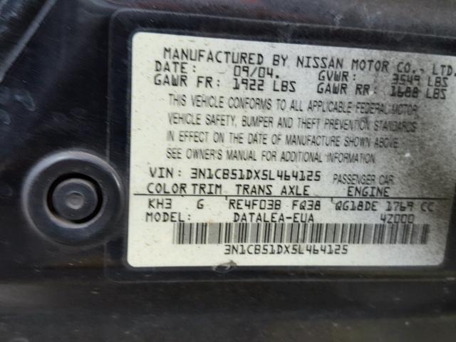 3N1CB51DX5L464125 - 2005 NISSAN SENTRA 1.8 BLACK photo 10