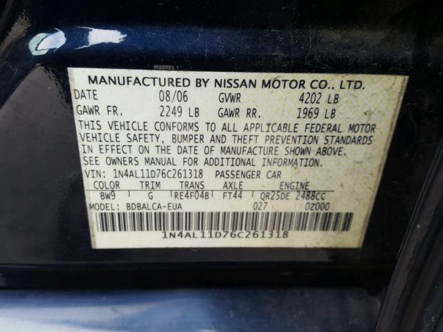 1N4AL11D76C261318 - 2006 NISSAN ALTIMA S BLUE photo 10