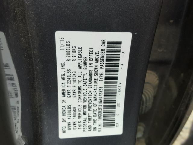 1HGCR2F31GA072525 - 2016 HONDA ACCORD LX CHARCOAL photo 10