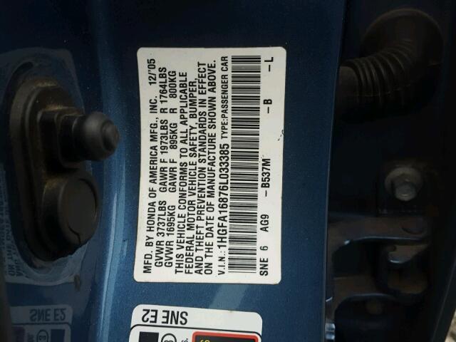 1HGFA16876L033385 - 2006 HONDA CIVIC EX BLUE photo 10