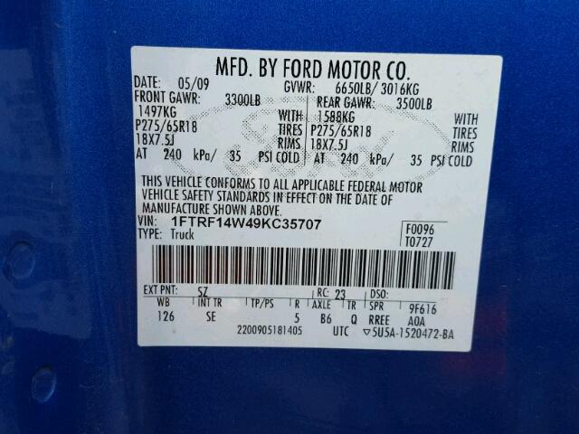 1FTRF14W49KC35707 - 2009 FORD F150 BLUE photo 10