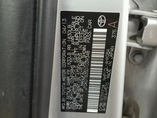 JTDKDTB35D1039348 - 2013 TOYOTA PRIUS C SILVER photo 10