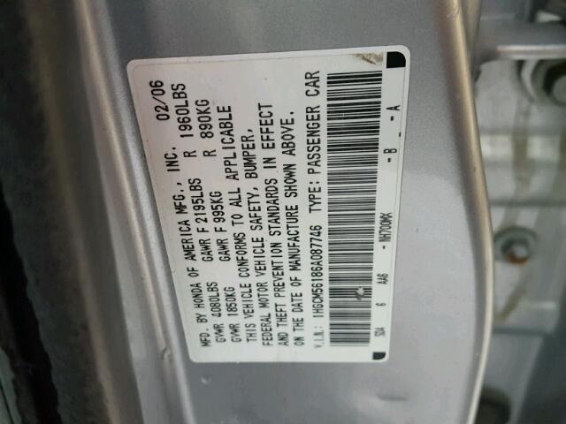 1HGCM56186A087746 - 2006 HONDA ACCORD VAL SILVER photo 10