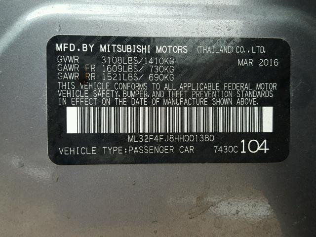 ML32F4FJ8HH001380 - 2017 MITSUBISHI MIRAGE G4 GRAY photo 10