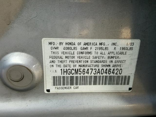 1HGCM56473A046420 - 2003 HONDA ACCORD LX SILVER photo 10