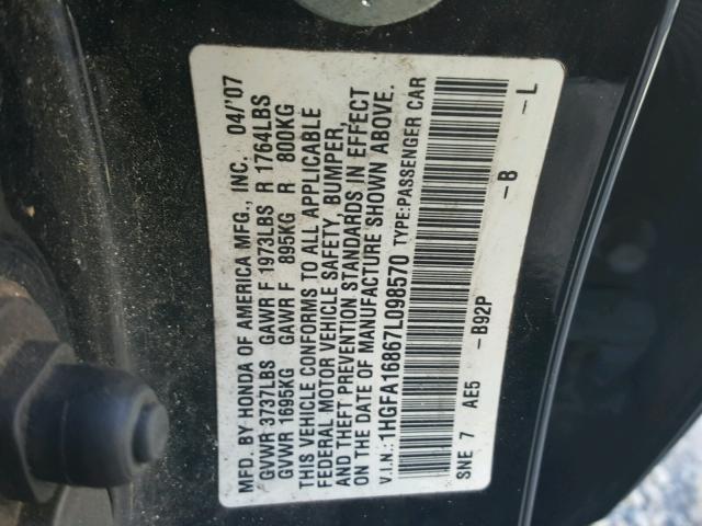 1HGFA16867L098570 - 2007 HONDA CIVIC EX BLACK photo 10