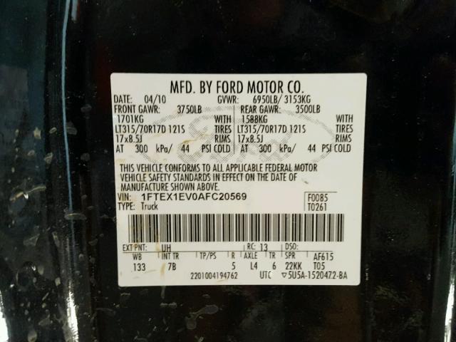 1FTEX1EV0AFC20569 - 2010 FORD F150 SUPER BLACK photo 10