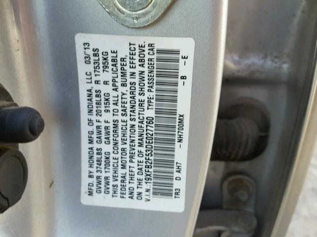 19XFB2F53DE027760 - 2013 HONDA CIVIC LX SILVER photo 10