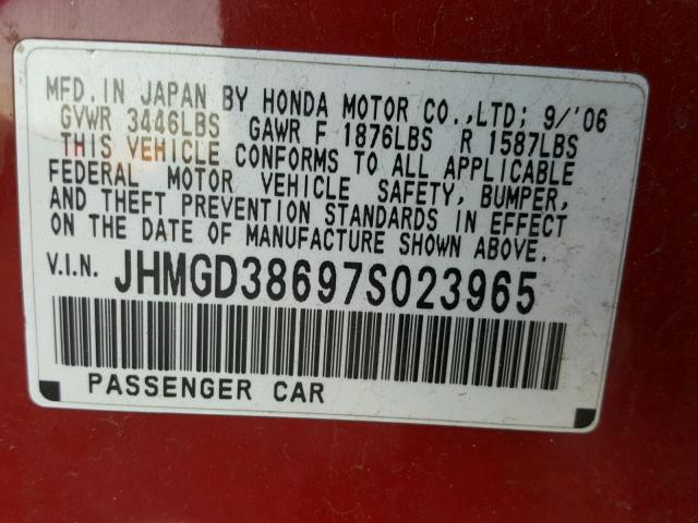 JHMGD38697S023965 - 2007 HONDA FIT S RED photo 10