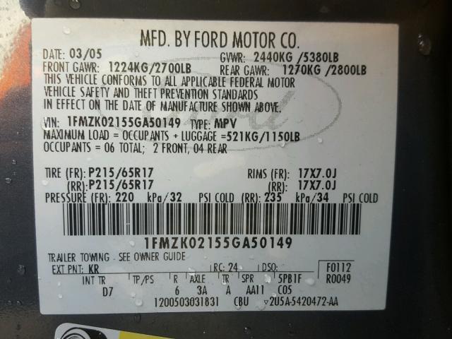 1FMZK02155GA50149 - 2005 FORD FREESTYLE BLUE photo 10