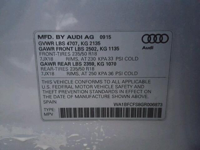 WA1BFCFS8GR006873 - 2016 AUDI Q3 PREMIUM SILVER photo 10