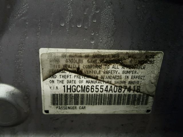 1HGCM66554A087418 - 2004 HONDA ACCORD EX SILVER photo 10