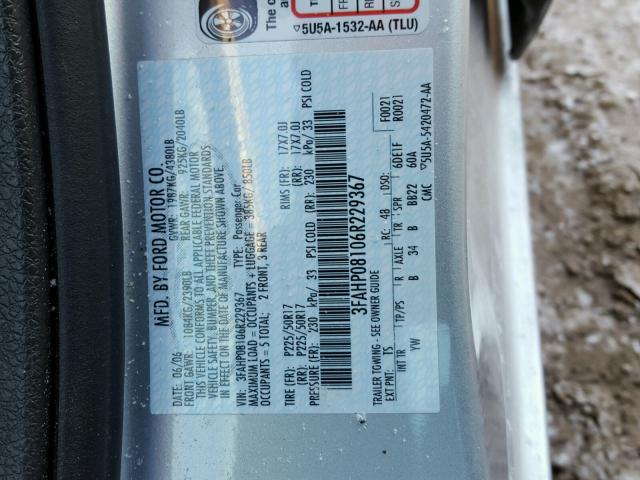 3FAHP08106R229367 - 2006 FORD FUSION SEL SILVER photo 10