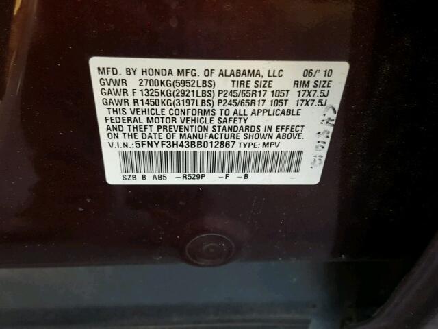 5FNYF3H43BB012867 - 2011 HONDA PILOT EX BURGUNDY photo 10