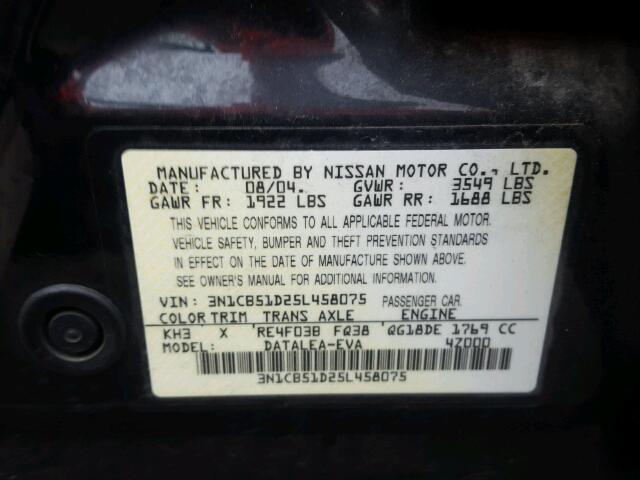 3N1CB51D25L458075 - 2005 NISSAN SENTRA 1.8 BLACK photo 10