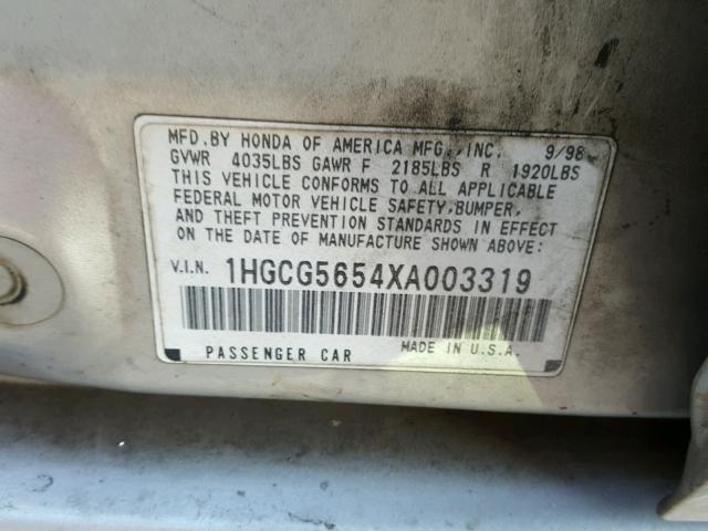 1HGCG5654XA003319 - 1999 HONDA ACCORD EX SILVER photo 10