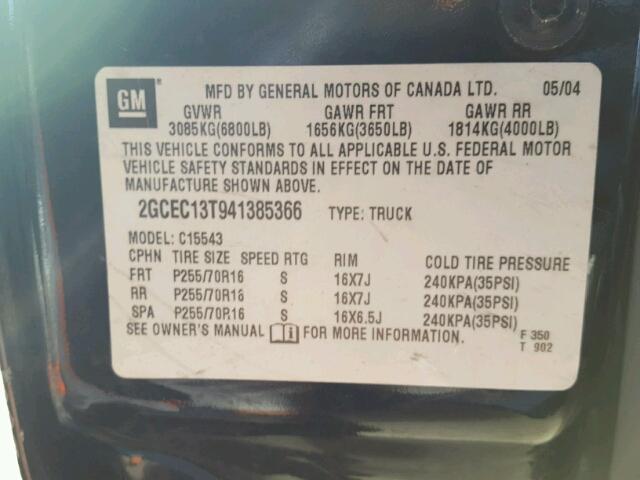 2GCEC13T941385366 - 2004 CHEVROLET SILVERADO BLACK photo 10