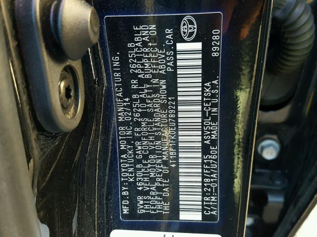 4T1BF1FK0EU789221 - 2014 TOYOTA CAMRY L BLACK photo 10