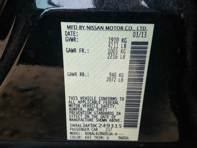 1N4AL3AP3DC249315 - 2013 NISSAN ALTIMA 2.5 BLACK photo 10