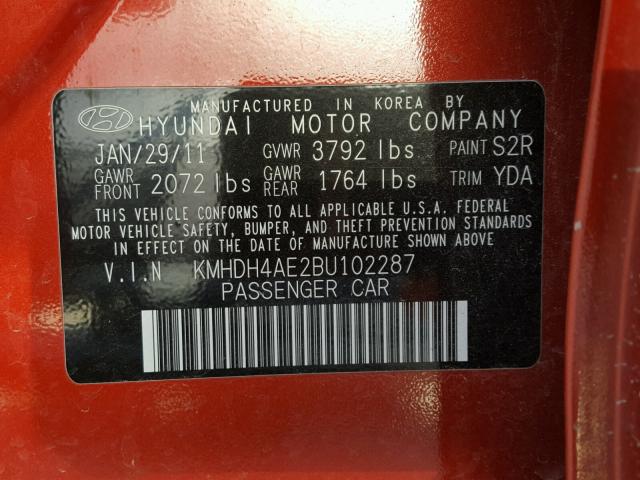 KMHDH4AE2BU102287 - 2011 HYUNDAI ELANTRA GL RED photo 10