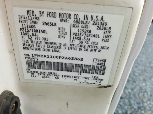 1FMCA11U0PZA63862 - 1993 FORD AEROSTAR WHITE photo 10