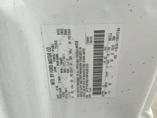 1FTYR10D19PA20330 - 2009 FORD RANGER WHITE photo 10