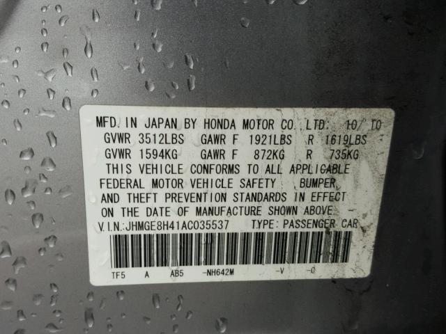 JHMGE8H41AC035537 - 2010 HONDA FIT SPORT GRAY photo 10