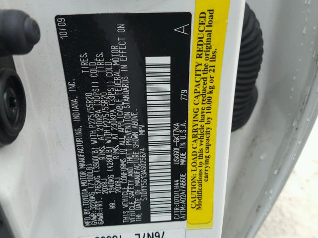 5TDYY5G13AS025674 - 2010 TOYOTA SEQUOIA PL WHITE photo 10